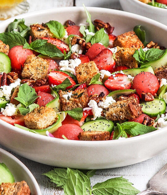 Strawberry, Watermelon and Cucumber Salad with Fresh Herb Croutons